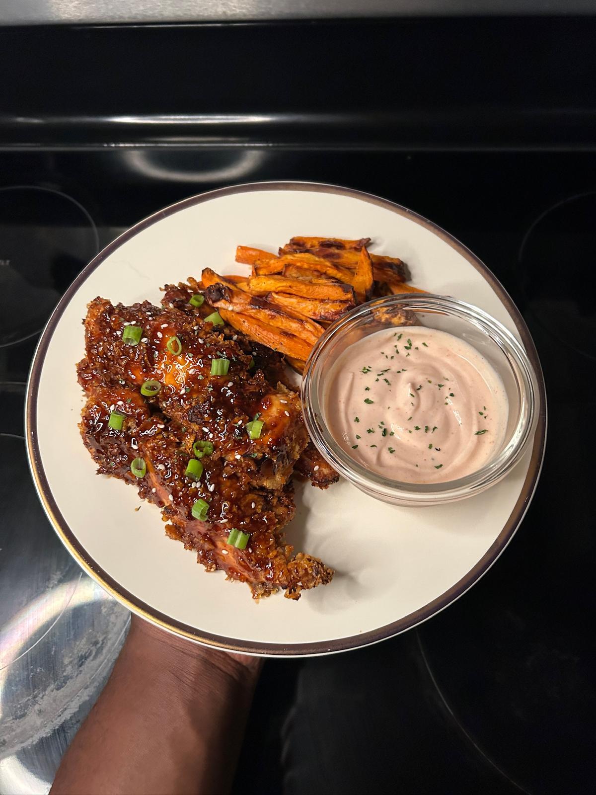 Saucy seasoned protein served with fries