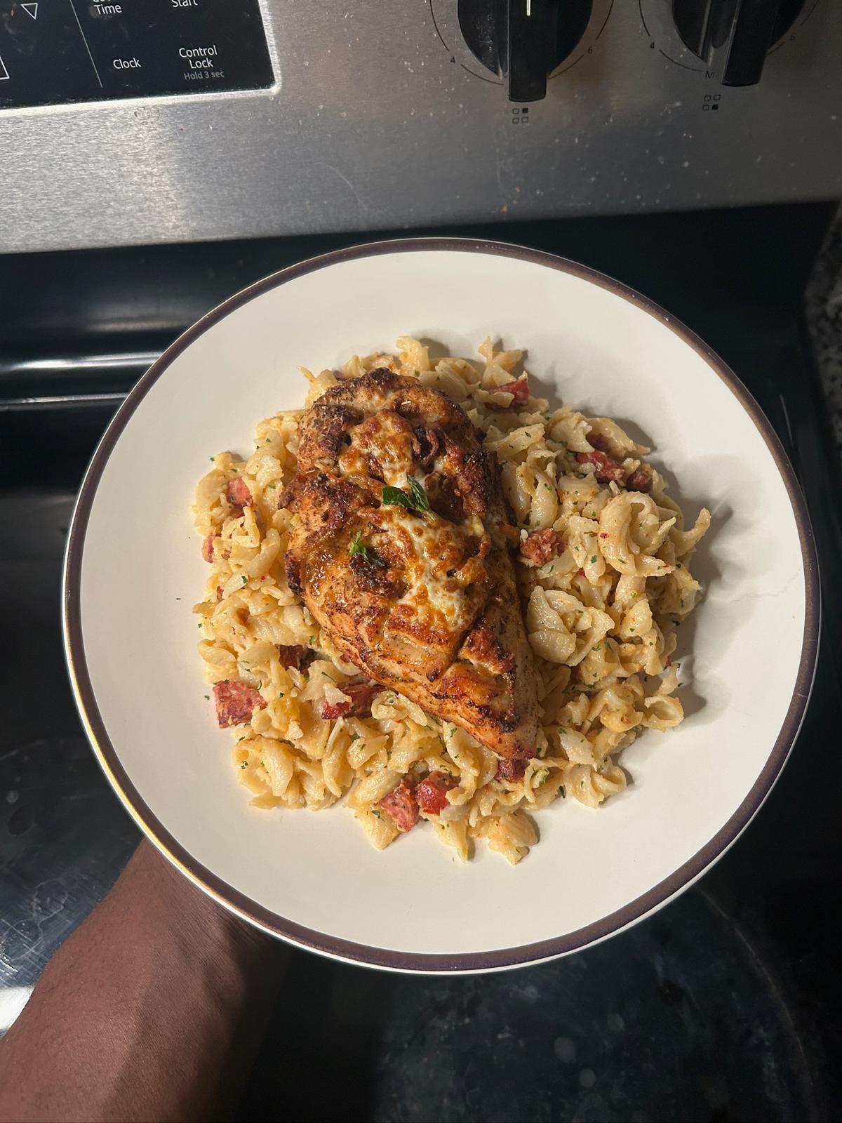 Pasta coated in a rich tomato sauce